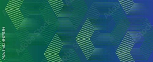 Green and blue gradient background with hexagon geometric lines pattern. Abstract shiny hexagon lines. Futuristic technology concept. vector