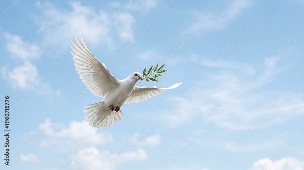 Obraz premium White dove of peace flying in the blue sky with an olive branch in its beak. Symbol of hope and freedom.