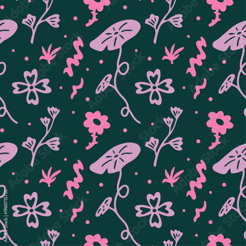 Abstract floral seamless vector pattern design with cartoon doodle illustration of different types of funky tropical plants, exotic flowers, whimsical silhouettes, bohemian aesthetic for branding