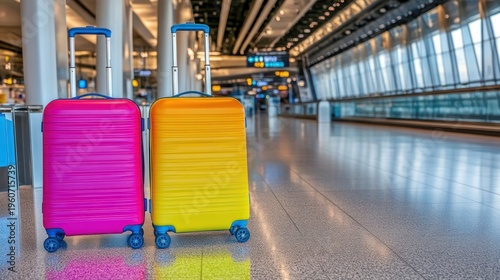 Two colorful suitcases in an airport terminal