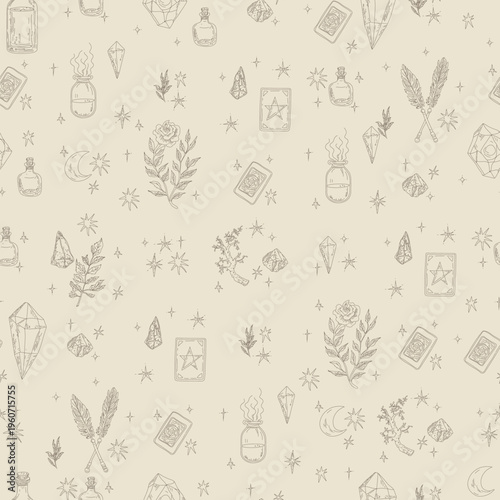 Seamless pattern featuring a collection of hand drawn mystical and magical elements like moon, stars, potion bottles, tarot cards, crystals, and botanicals, ideal for spiritual and witchcore designs