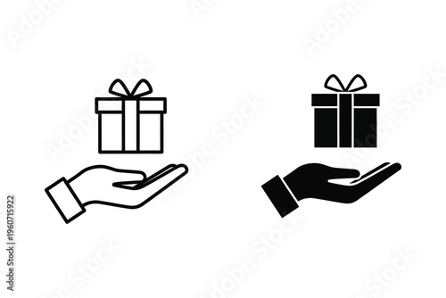 Hand holding gift box icons, outline and silhouette, symbol for present, giving, and surprise