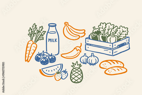 Colorful and wholesome collection of market-fresh fruits, organic vegetables, and essential daily provisions, rendered in a crisp, clean illustrative style