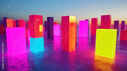 Neon-lit, colorful rectangular structures on a reflective surface at sunset