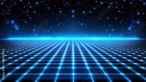 Futuristic grid pattern, glowing blue lines on dark background with stars