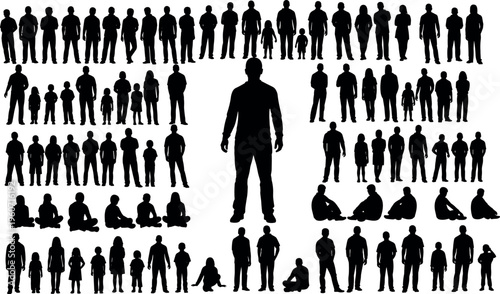 Human diversity silhouettes vector illustration with varied postures, black artwork symbolizing population, social structure,