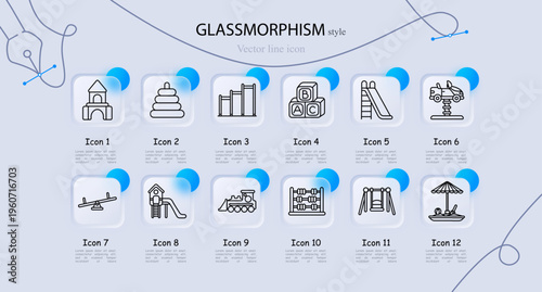 Playground set icon. Toy castle, stacking rings, climbing bars, alphabet blocks, slide playground, spring rider car, seesaw balance, playhouse slide, toy train, abacus counter, swing seat
