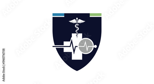 Professional healthcare shield logo with caduceus, medical cross, and ECG heartbeat line. Health, medicine, safety, diagnostic symbol.