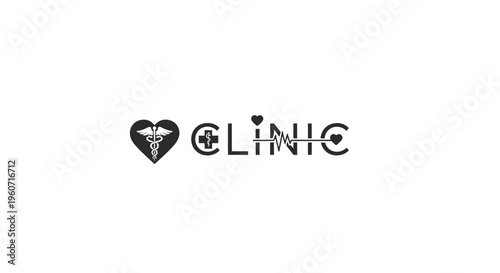 Modern Medical Clinic Logo Concept with Heart, Caduceus, Cross, and Health Symbols. Healthcare Services Typography Design.