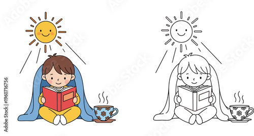 Cozy Child Reading Under Blanket with Warm Drink and Sunshine
