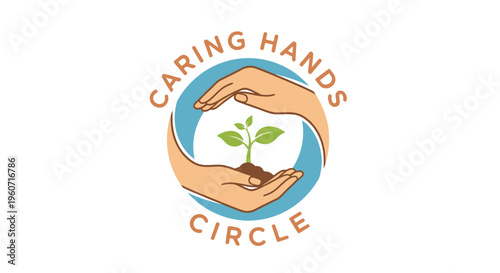 Vector illustration of hands nurturing a young plant, symbolizing environmental care, growth, nature protection, and community support