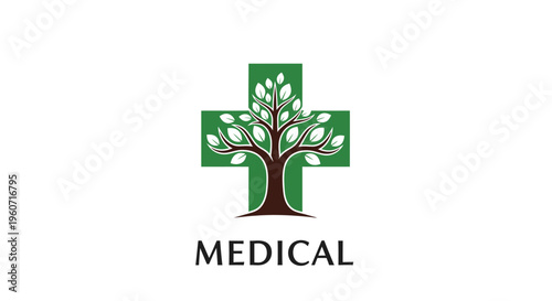 Natural medical cross symbol with a growing tree icon representing health and well-being, organic medicine, or botanical healthcare.