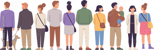 Diverse Group of People Character Set Featuring Men Women and Child in Back View for Community and Social Inclusion Design