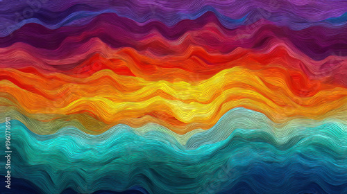 Vibrant abstract art depicting a sunset landscape with bold, wavy lines and vivid colors. Perfect for creative projects, digital artwork, or modern decor. Captures the dynamic beauty of nature.