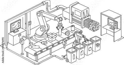 Isometric line art vector of automated robotic recycling sorting facility