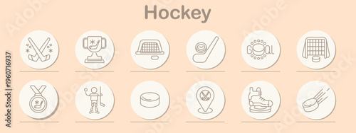Hockey set icon. Line symbols depict crossed sticks, trophy cup, goal net, stick with puck, goal text, goal gate, medal award, player with stick, puck disk, location marker, ice skates