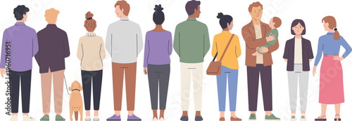 Diverse Group of People Character Set Featuring Men Women and Child in Back View for Community and Social Inclusion Design