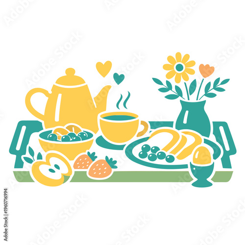A festive breakfast tray featuring a steaming teapot cup of tea fresh fruit and a vase of flowers Vector