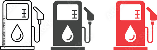 Gas station fuel pump icons set with outline solid and colored styles for petrol diesel energy service and automotive industry flat vector illustration.