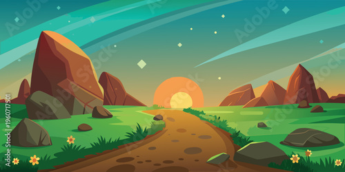 A vibrant digital illustration of a stylized mountain range set against a large glowing sunset sky