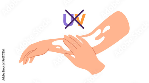 Hands applying cream on arm, UV block, Sun protection, Flat vector art, Isolated white.