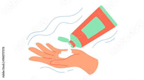 Single Hand Squeezing Sunscreen Cream from Tube for Skin Protection and Daily Care, Minimalist Flat Vector Illustration with Bright Pastel Colors on Isolated White Background