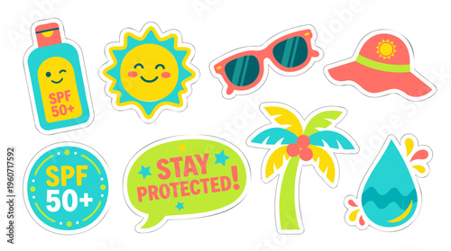 Sunscreen, Sun, Beach Essentials Cute Cartoon Stickers, Summer Collection, UV Protection, Vacation Safety, Flat Design, Bright & Vibrant Colors, SPF 50+, Isolated Vector