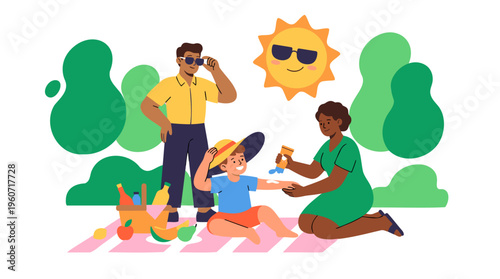 Family applies sunscreen to child at picnic, sun protection and summer fun, flat vector illustration vibrant colors, digital graphic white background.
