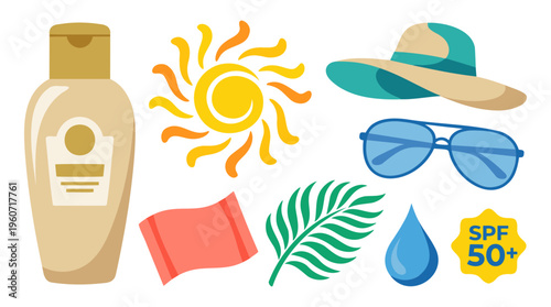 Sunscreen bottle summer accessories flat lay beach vacation sun protection skincare colorful flat design vector SPF 50+ tropical elements