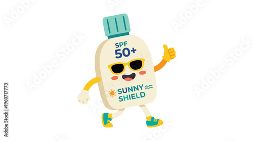 Sunscreen Bottle Character walking in sunglasses, thumbs up. Summer sun protection concept. Flat vector illustration, cheerful palette with SPF 50+ branding.