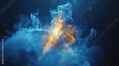 Abstract swirling flames of blue and orange, with sparks