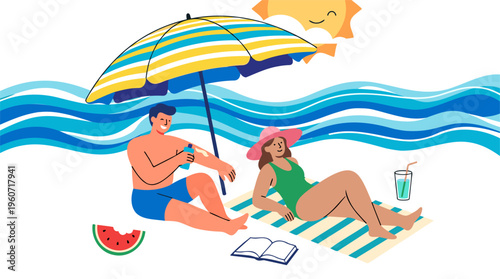 Couple applying sunscreen, relaxing on beach under umbrella. Sun protection skincare, summer vacation. Flat vibrant vector illustration, white background.