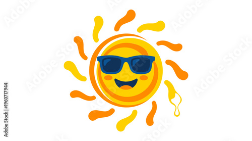 Smiling Sun Wearing Sunglasses, Sunscreen Drip, Sun Protection, Flat Cartoon Colorful, Isolated Vector Graphic.