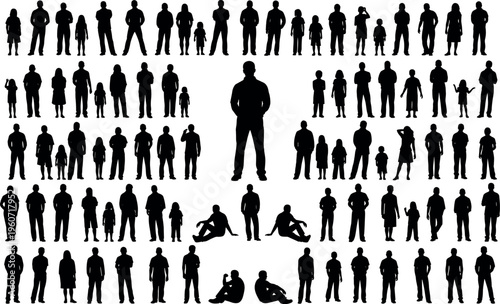 People silhouettes vector illustration with diverse postures and groupings, black artwork symbolizing individuality, community, and social hierarchy themes