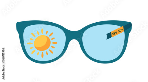 Sunglasses with Sun & SPF 50+ label, symbolizing UV protection & summer health, in flat vector art with blue and yellow, featuring high SPF protection.