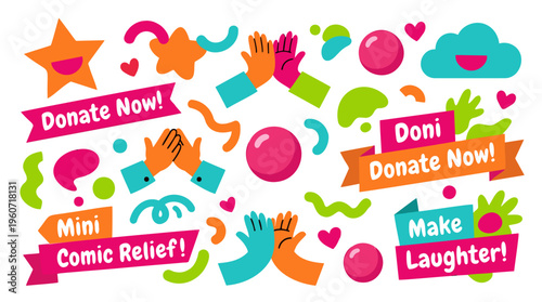 Red Noses, Hands, Banners & Happy Shapes Donating & Celebrating Fundraiser for Comic Relief Charity Laughter in Bright Cheerful Flat Vector Art Modern Doodle Illustration.