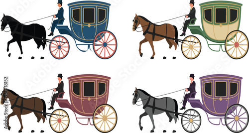 Set of four ornate horse drawn carriages with coachmen, vintage transportation illustration in classic historical style vector