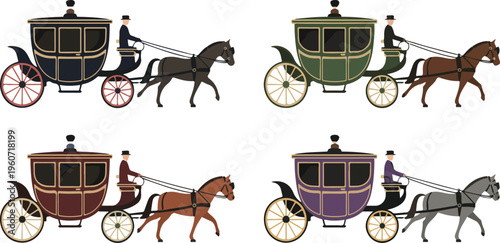 Set of four ornate horse drawn carriages with coachmen, vintage transportation illustration in classic historical style vector