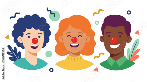 Diverse Group Faces with Red Noses Smiling Cheerful for Charity, Humour, and Community Events in a Flat Modern Vector Style with Vibrant Colors Isolated on White.