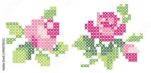 Luxury Baby Girl Cross Stitch Rose Embroidery Floral Element Elegant Pink Nursery Flower Premium Vector