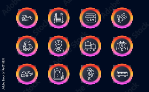 Railway transport operations set icon. Line symbols with metro train carriage, railway platform stairs, distance sign ten kilometer, gear mechanism, steam locomotive engine, conductor uniform