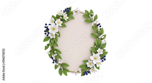 Floral Wreath with White Flowers and Blueberries on Cream Background