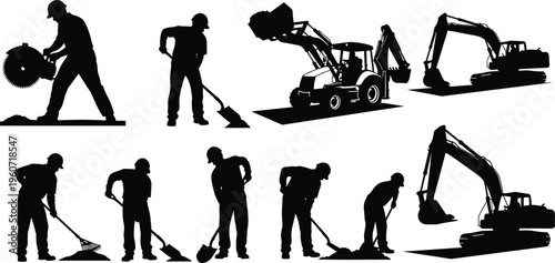 Set of construction worker silhouettes with heavy machinery including excavators and diggers plus laborers with shovels isolated on white background