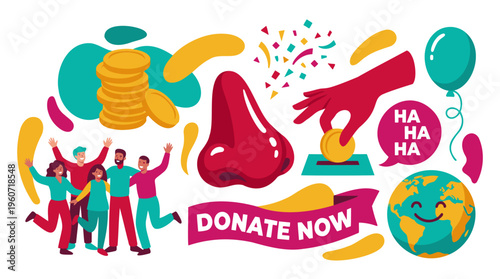 Diverse people, Red Nose, coins, celebrating charity donation, Philanthropy & global fundraising, Flat vibrant illustration, Vector on white