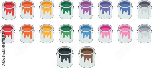Colorful paint buckets set with dripping liquid for home renovation interior design renovation and creative art projects flat vector illustration isolated on white.