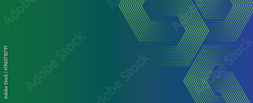 Green and blue gradient background with hexagon geometric lines pattern. Abstract shiny hexagon lines. Futuristic technology concept