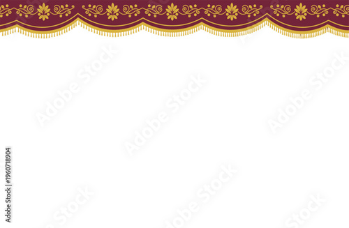 華やかなエンジ色と金色のフリンジが輝くステージ幕のヘッダーフレーム