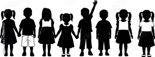  Vector illustration of children silhouettes in a row, individuality highlighted, unity and diversity, creative artwork design