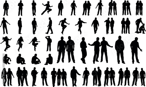People silhouettes vector illustration with diverse postures and group interactions, black artwork symbolizing movement, gesture, and social behavior themes