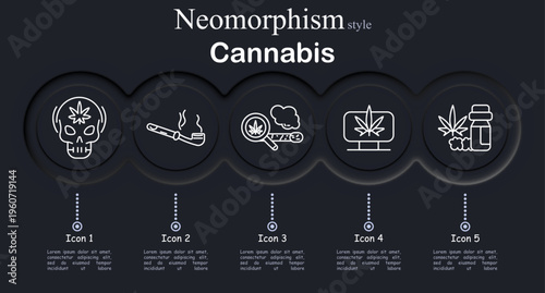 Cannabis set icon. Neomorphic circular interface line icons with skull marijuana leaf, smoking pipe device, rolled joint smoke cloud, cannabis leaf screen monitor, bottle leaf medicine